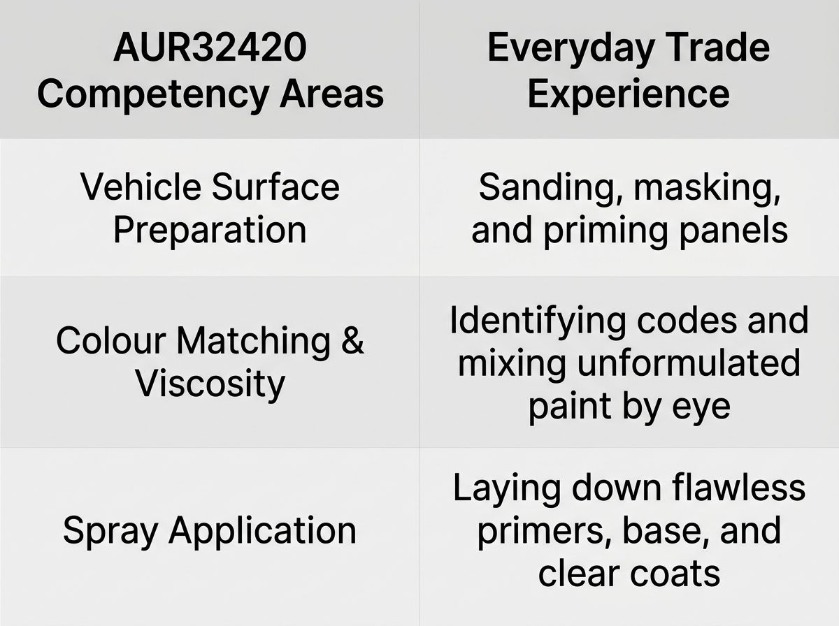 AUR32420 Certificate III in Automotive Refinishing Technology competency areas mapped to everyday workshop tasks