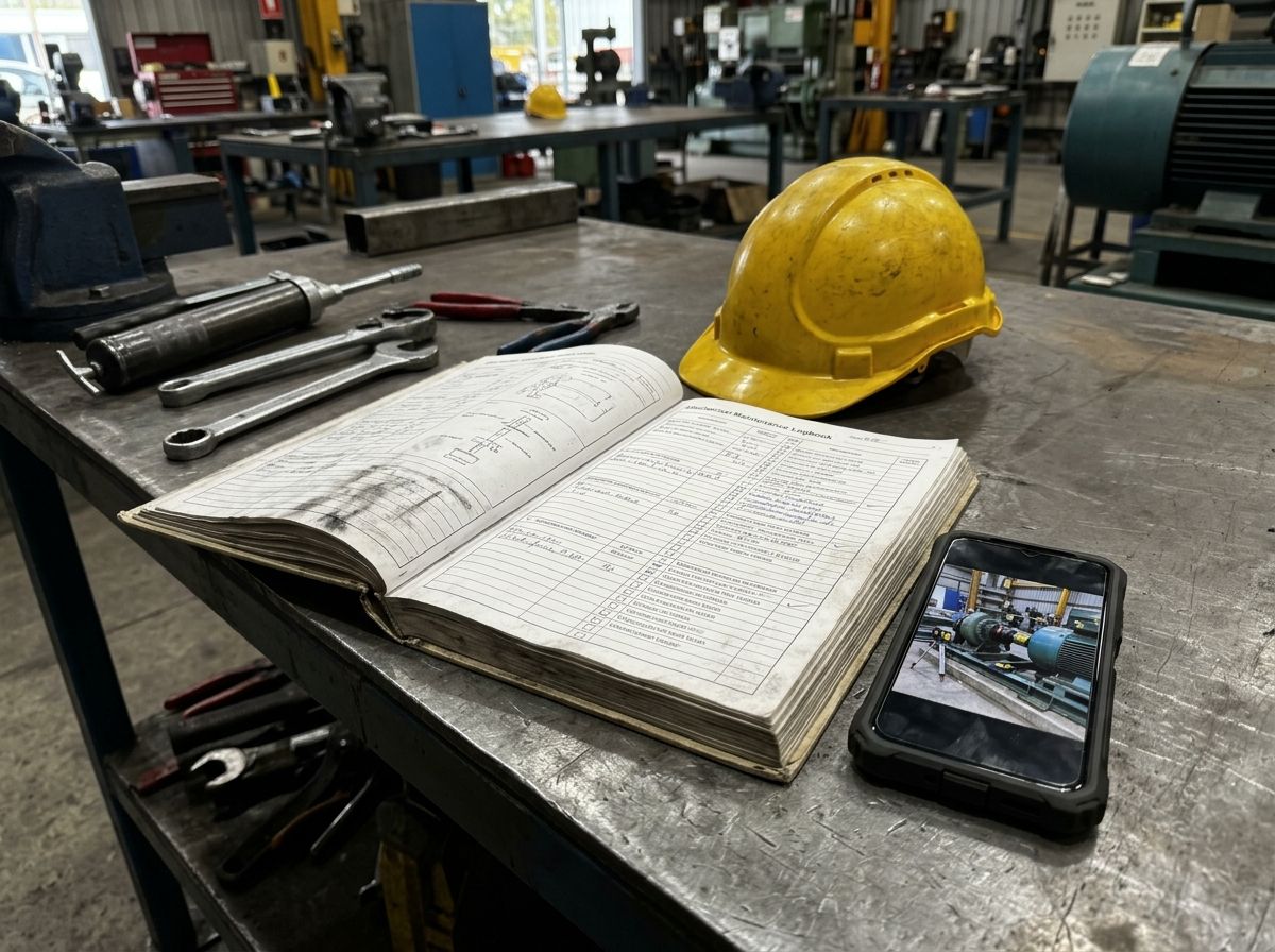 A maintenance logbook and photos of completed work on a workshop bench as RPL evidence.