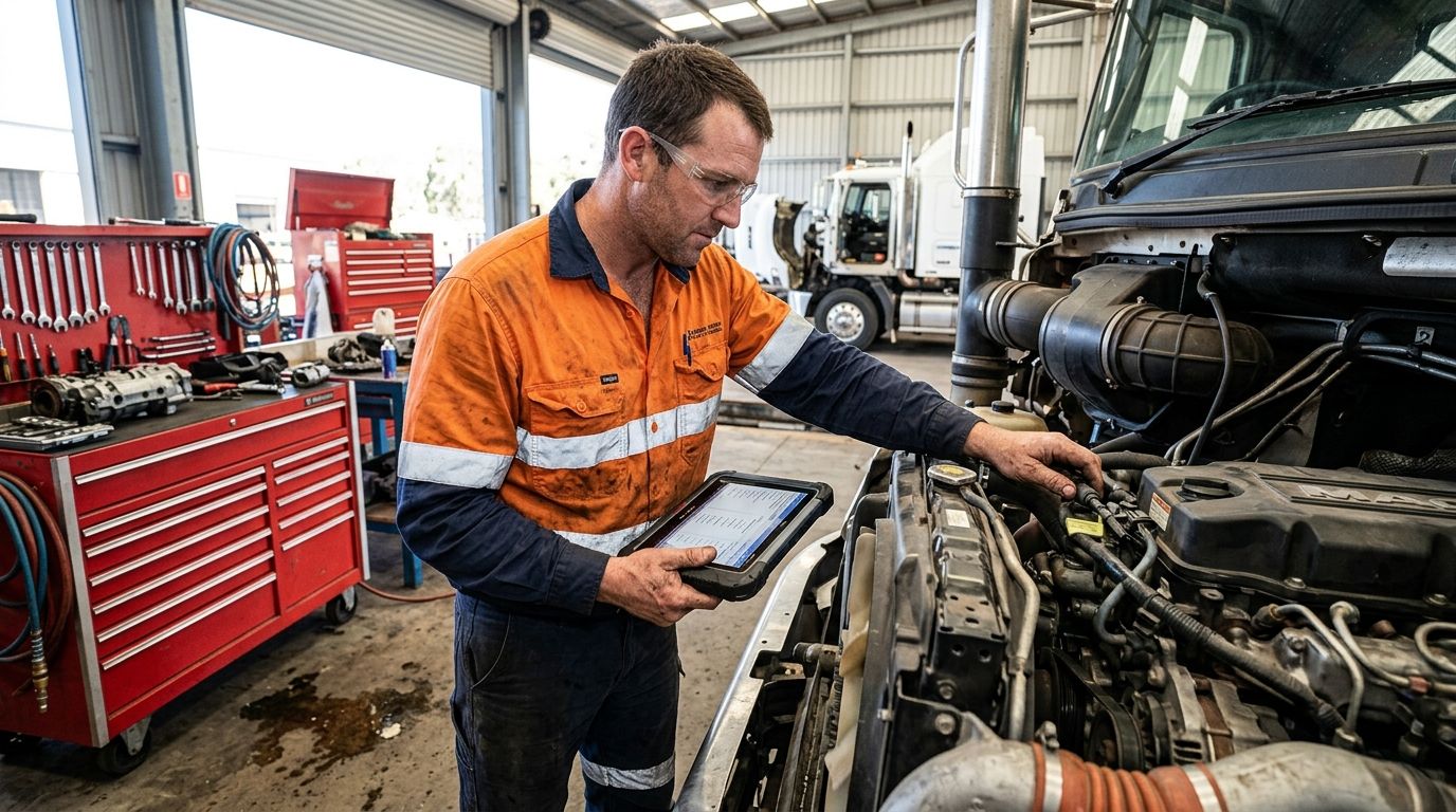 Australian diesel mechanic inspecting a large commercial truck engine in a professional workshop.