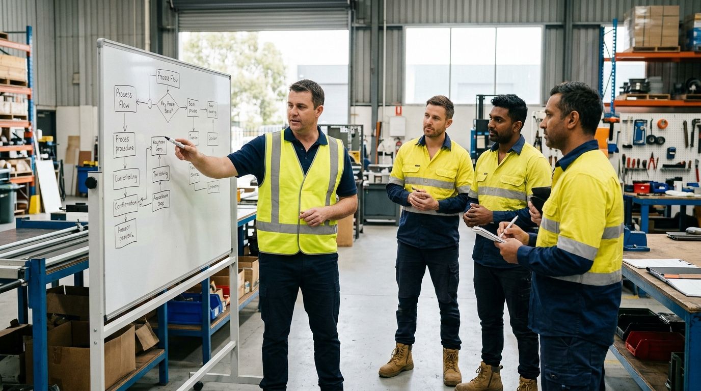 An experienced workplace trainer leading an informal team briefing in an Australian workshop environment.
