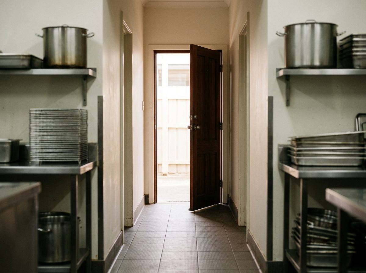 An open timber door at the end of a commercial kitchen corridor, representing a path to formal recognition