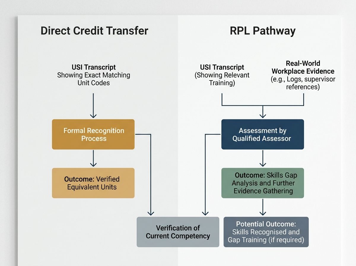 Flowchart comparing Credit Transfer and RPL pathways using a USI transcript.