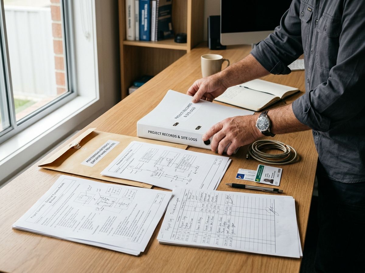 Close-up of a professional organizing workplace documents, project logs, and references for an RPL assessment.
