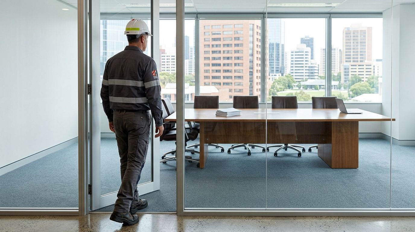 A WHS safety professional in PPE stands at the open threshold of a corporate boardroom looking in