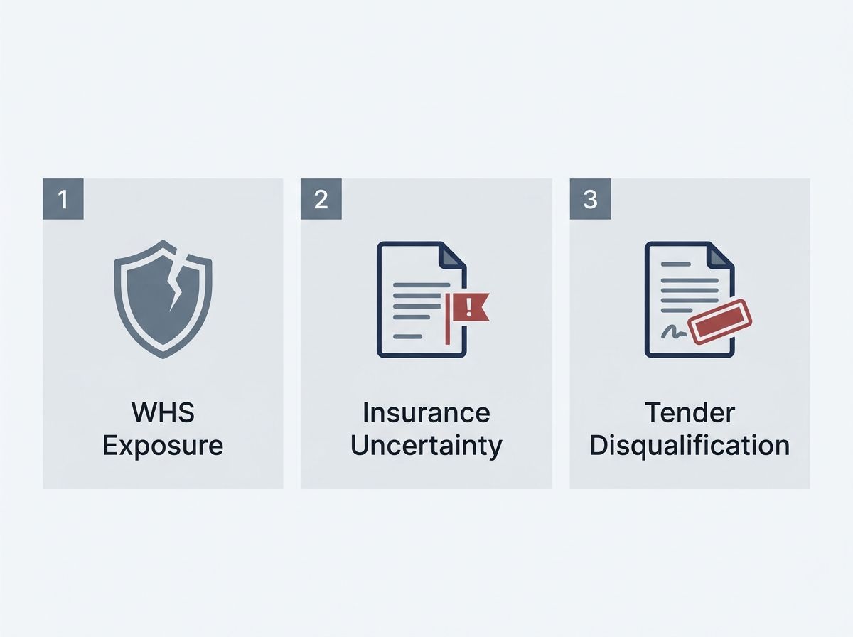 Three compliance risks for employers with unqualified mechanical fitters, showing WHS, insurance, and tender issues.