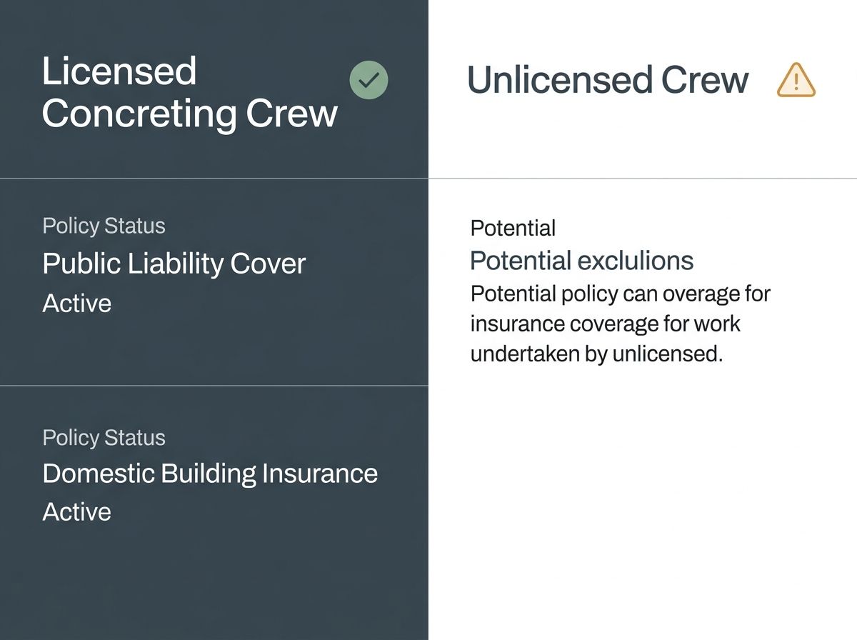 Comparison graphic showing insurance cover risks for licensed vs unlicensed concreting crews.