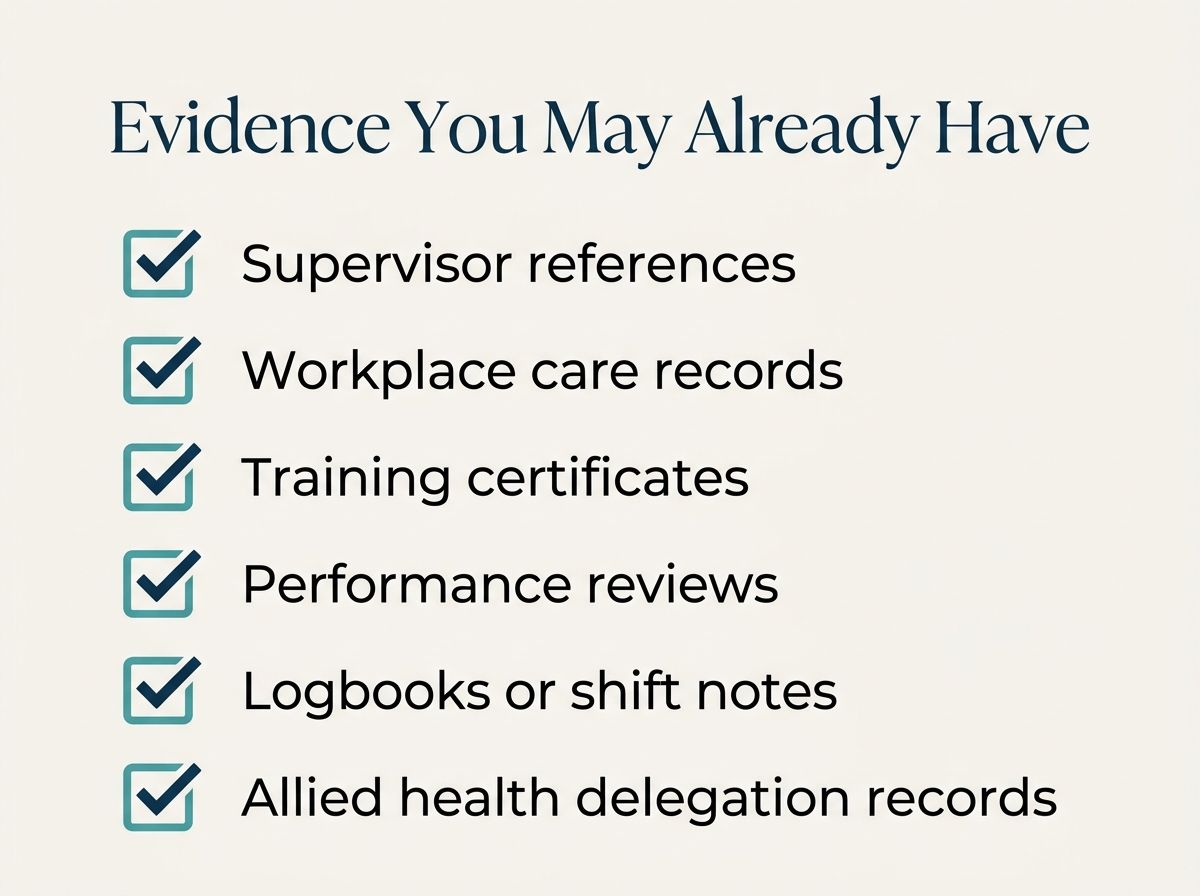 Checklist graphic of workplace evidence types used for a Certificate IV in Allied Health Assistance RPL.