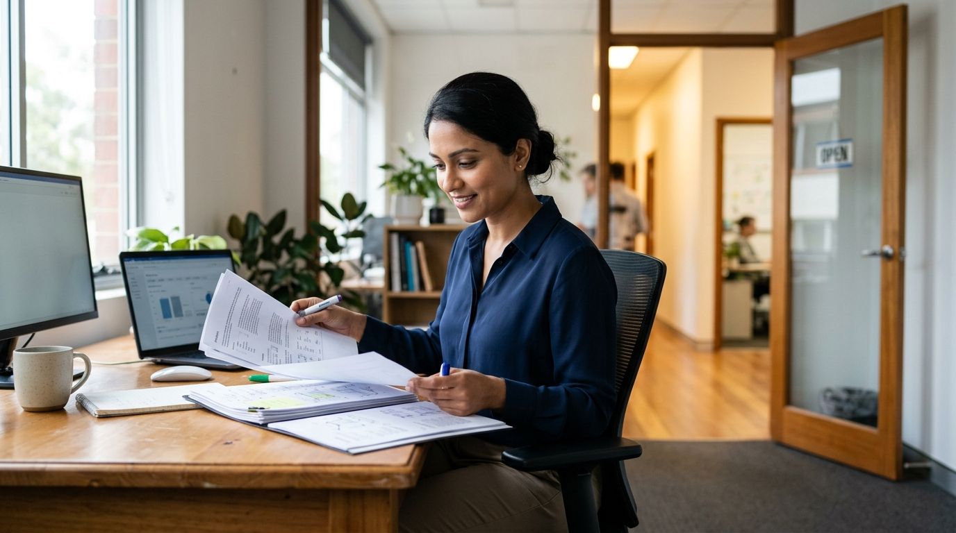A professional woman reviewing documents at a desk with an open door in the background, showing a pathway to recognition.