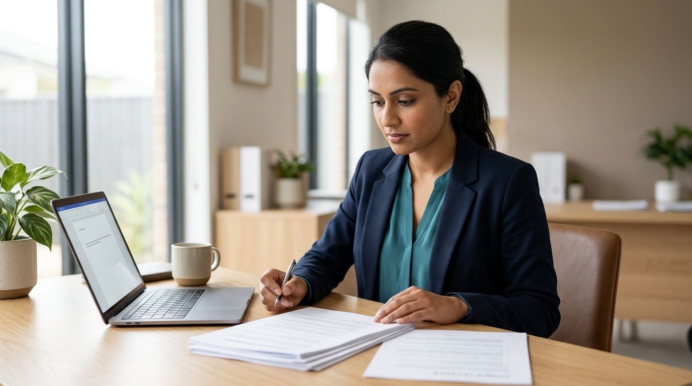 A professional woman of South Asian descent reviews RPL documentation at her desk
