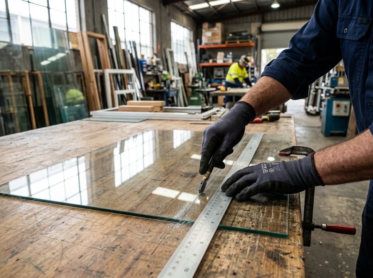Close-up of a glazier scoring glass in a workshop, demonstrating hands-on trade skills for MSF30422