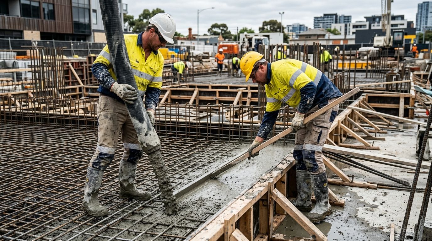 Concreters in high-vis PPE managing a structural concrete pour on a Victorian construction site.