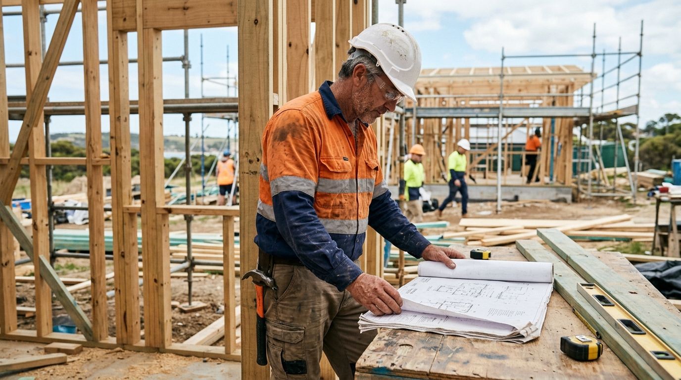 Experienced builder in hi-vis reviewing construction plans on an active NSW building site.
