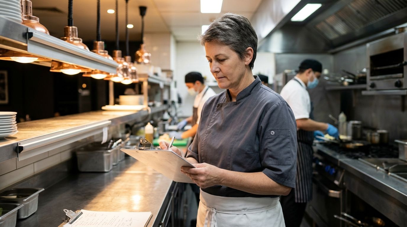 Experienced kitchen manager reviewing operations in a commercial kitchen — cert iv in kitchen management