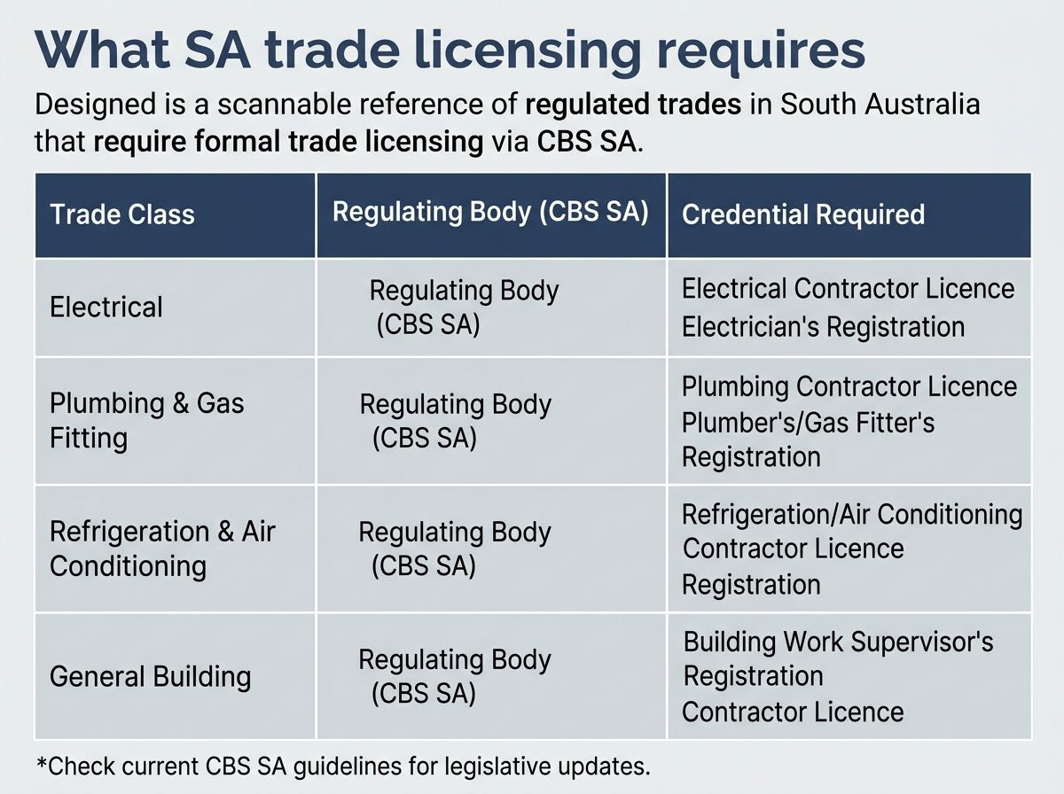 Table of South Australian trades requiring licensing administered by Consumer and Business Services SA