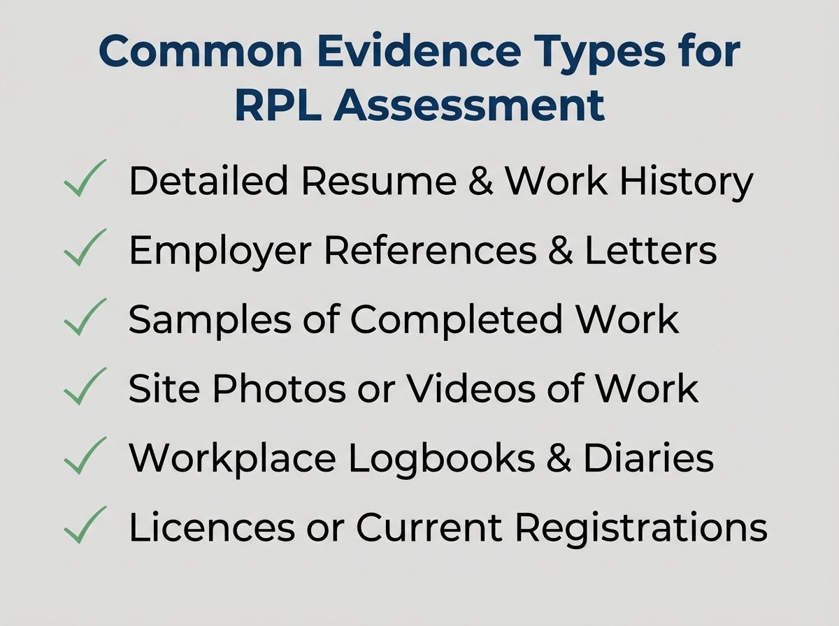 A checklist showing evidence types accepted for RPL in Australia, including resumes, references, and work samples.