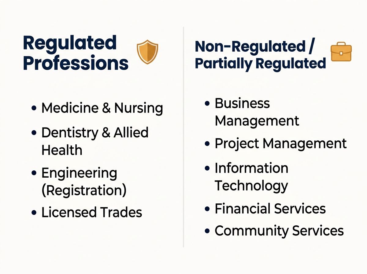 Comparison graphic listing examples of regulated professions versus non-regulated business and management fields.
