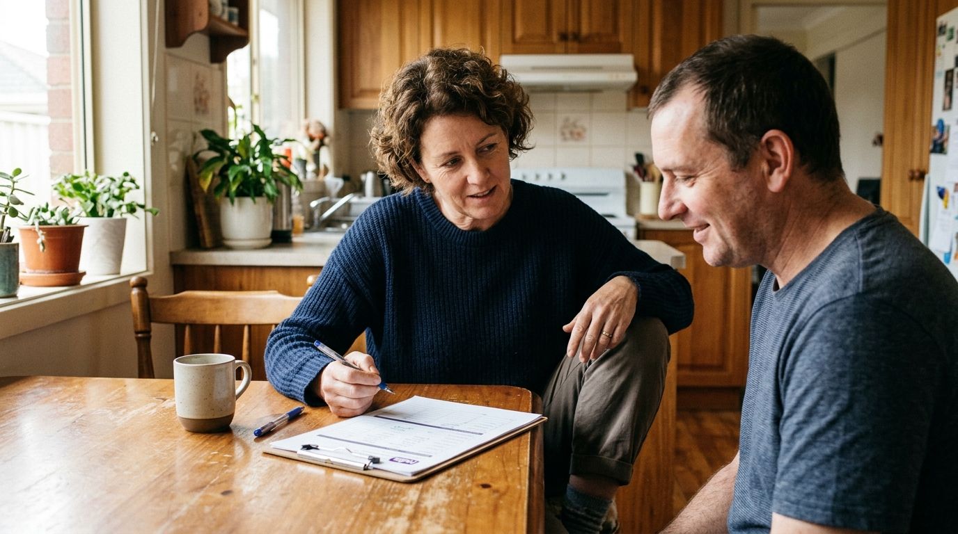 Experienced Australian disability support worker reviewing a daily support plan with a participant
