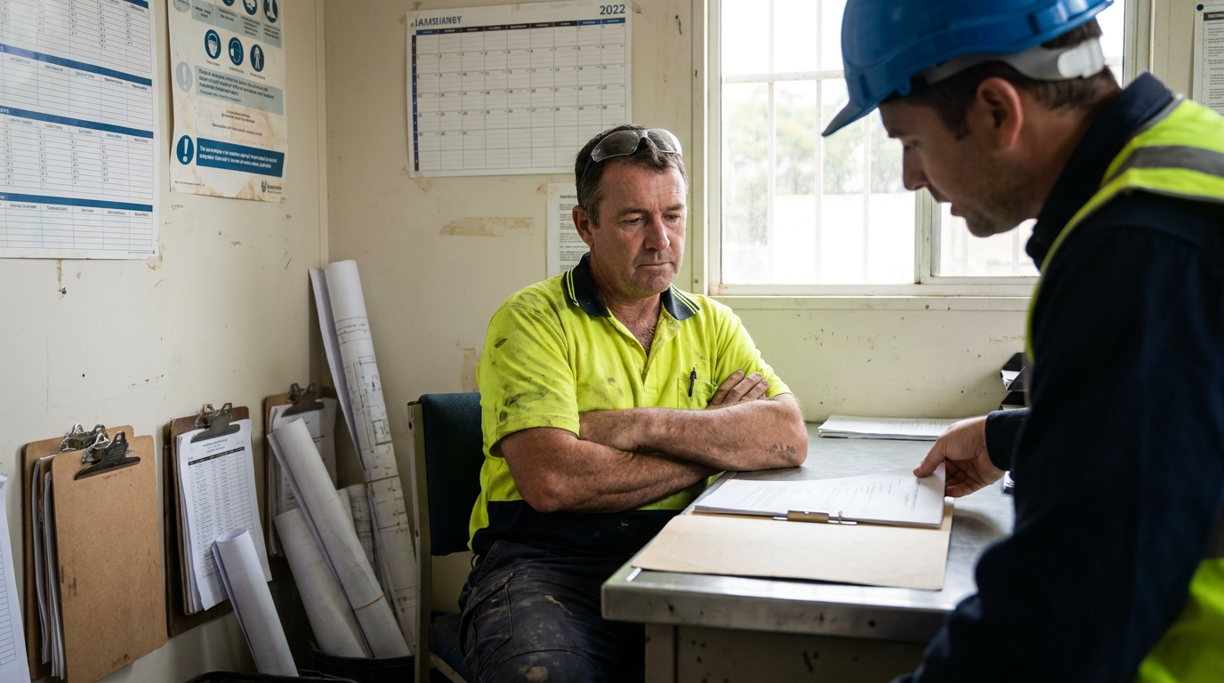 Australian plumber in site office meeting with employer discussing Cert 4 in Plumbing requirement.