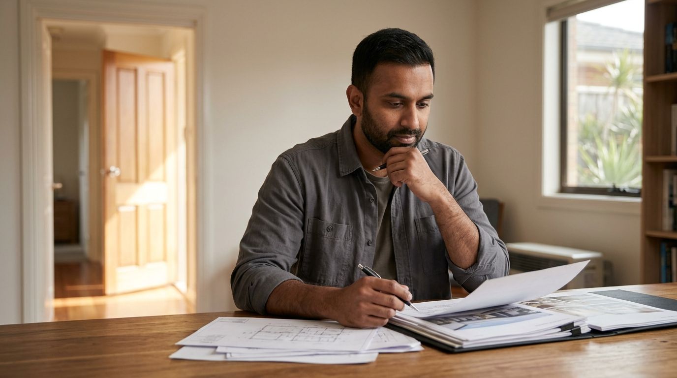 A focused mid-career professional reviewing documents at a desk with a partially open door in the background.