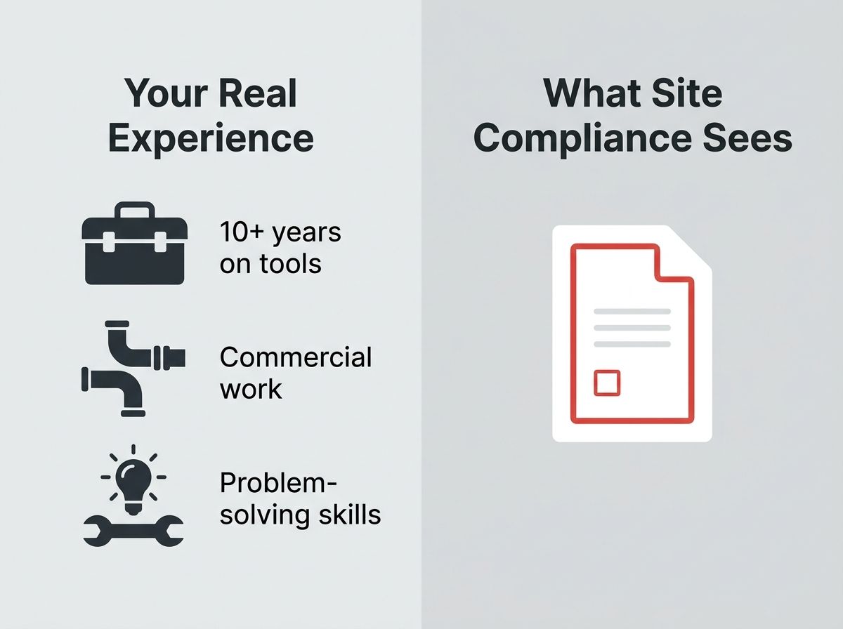 A simple comparative graphic showing the gap between a plumber's actual field experience and what compliance systems see.