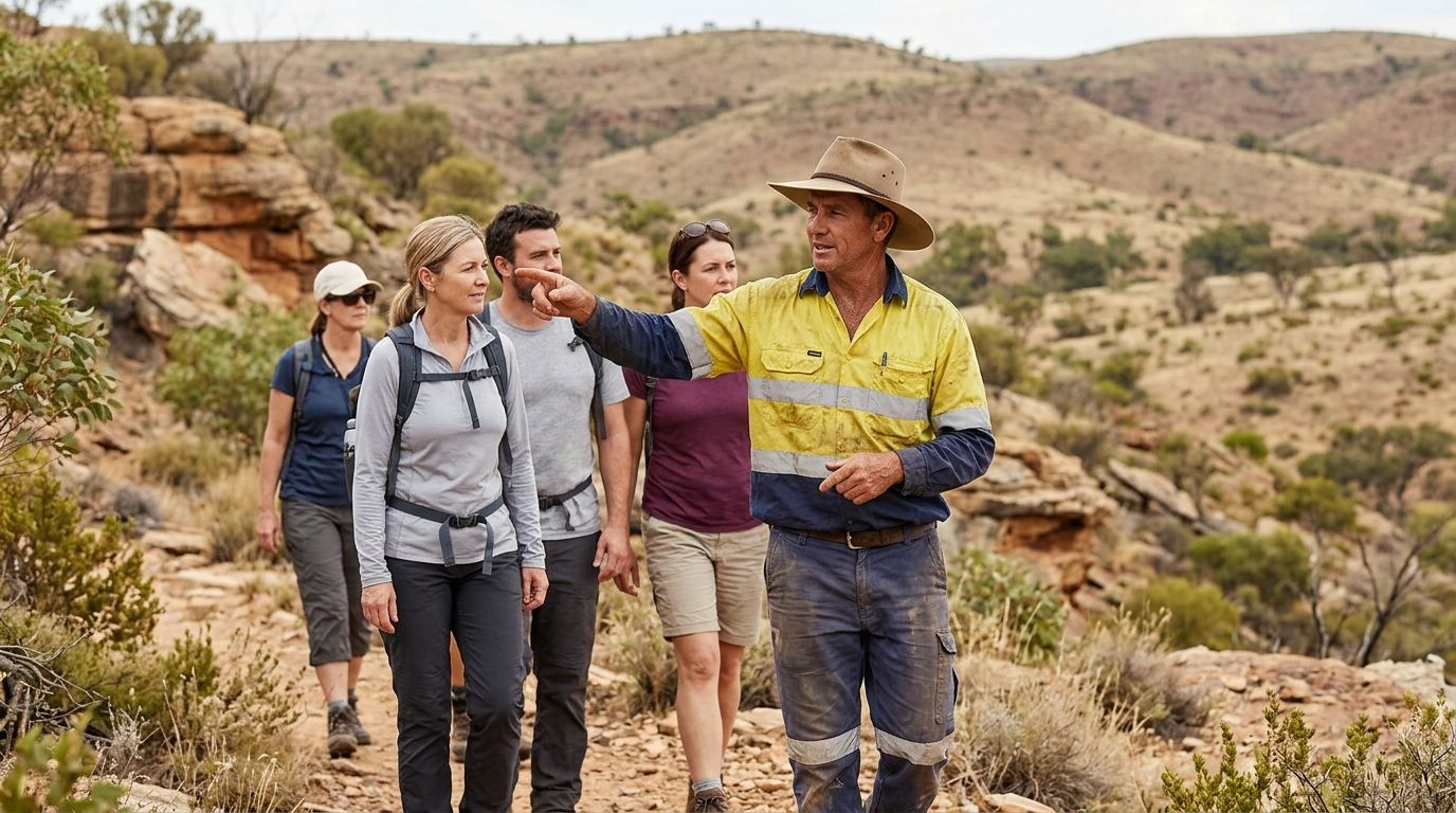 An experienced Australian tour guide leading a small group through a rugged outback landscape.