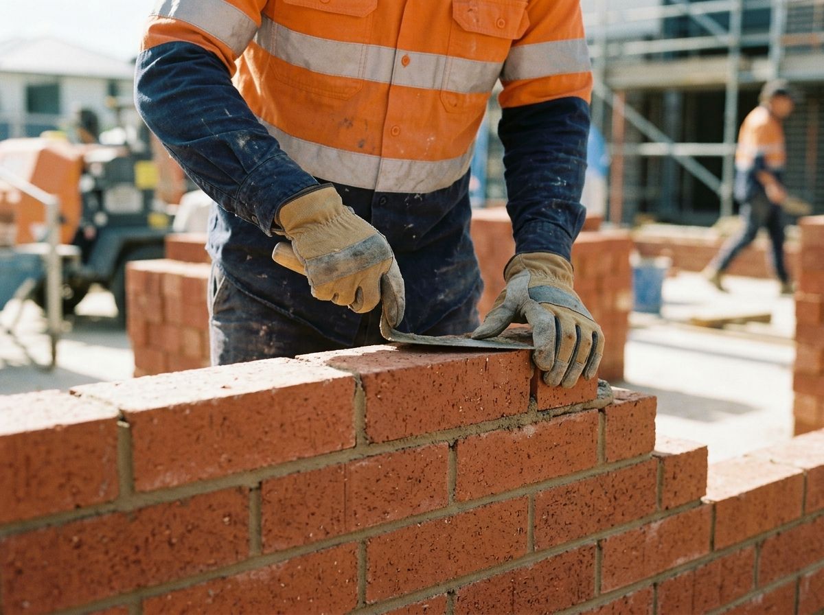 A bricklayer using a trowel to lay mortar on a brick wall with high precision.