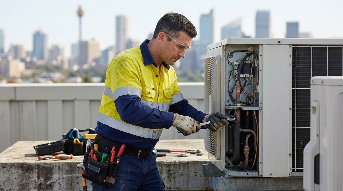Experienced HVAC technician working on a commercial rooftop system in NSW