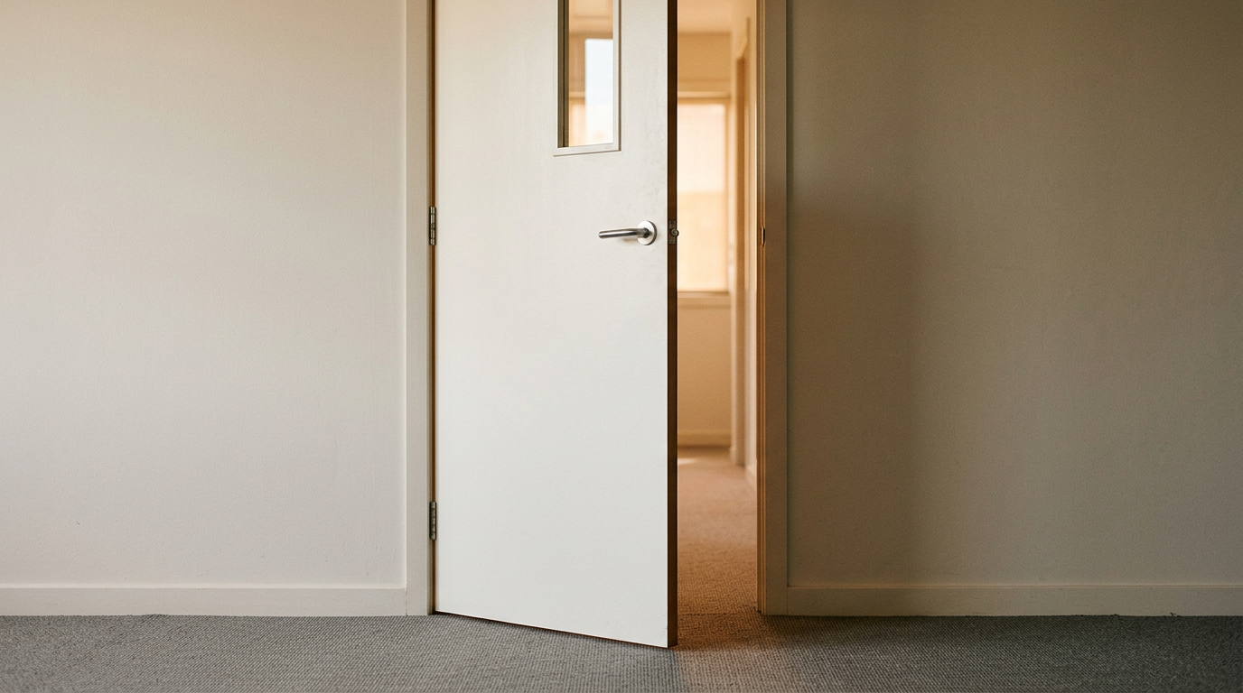An open architectural door slightly ajar with warm light, symbolising career transition and opportunity.