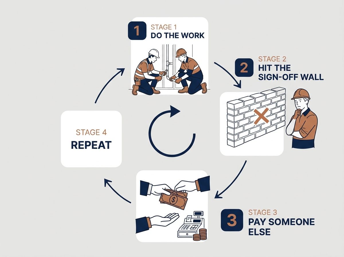 Four-stage cycle diagram showing: Do the work, hit the sign-off wall, pay someone else, and repeat