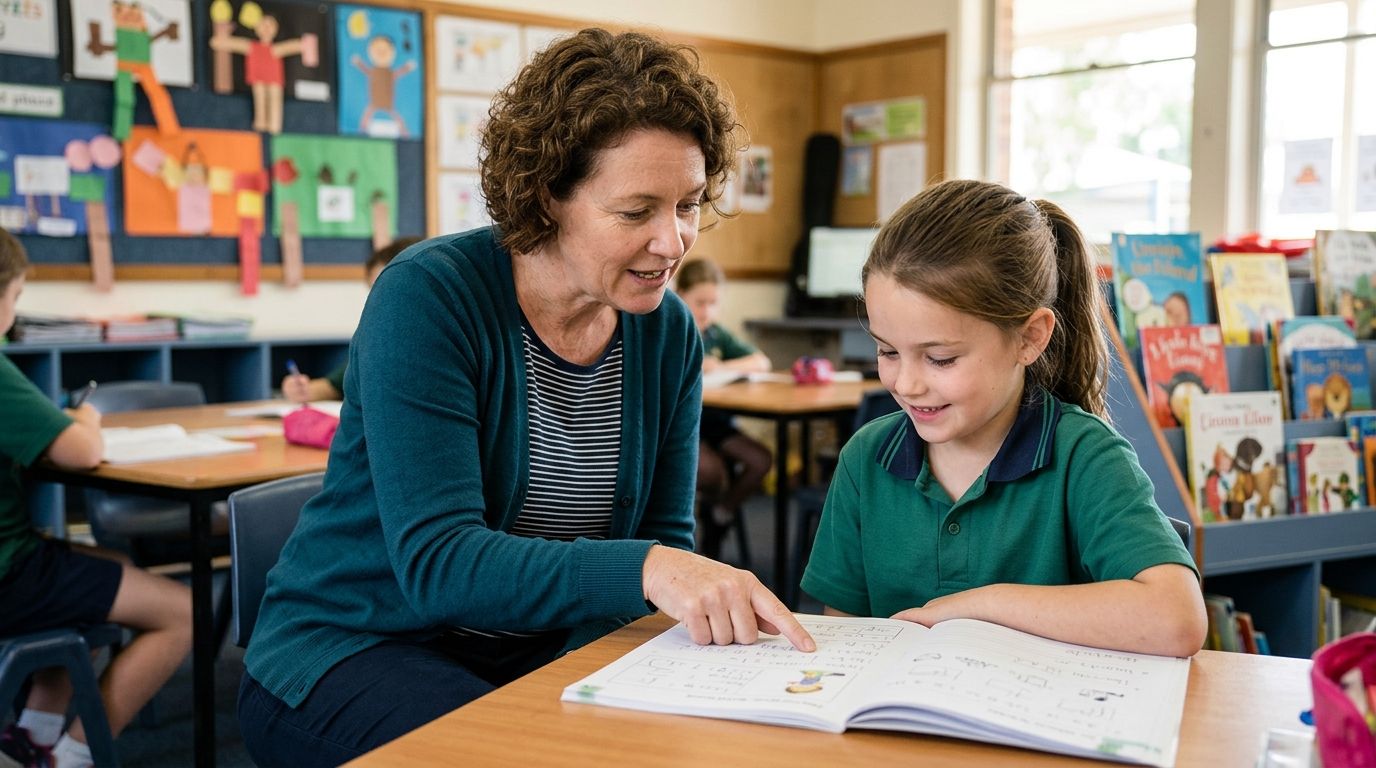 Experienced teacher's aide supporting a student in an Australian primary school classroom