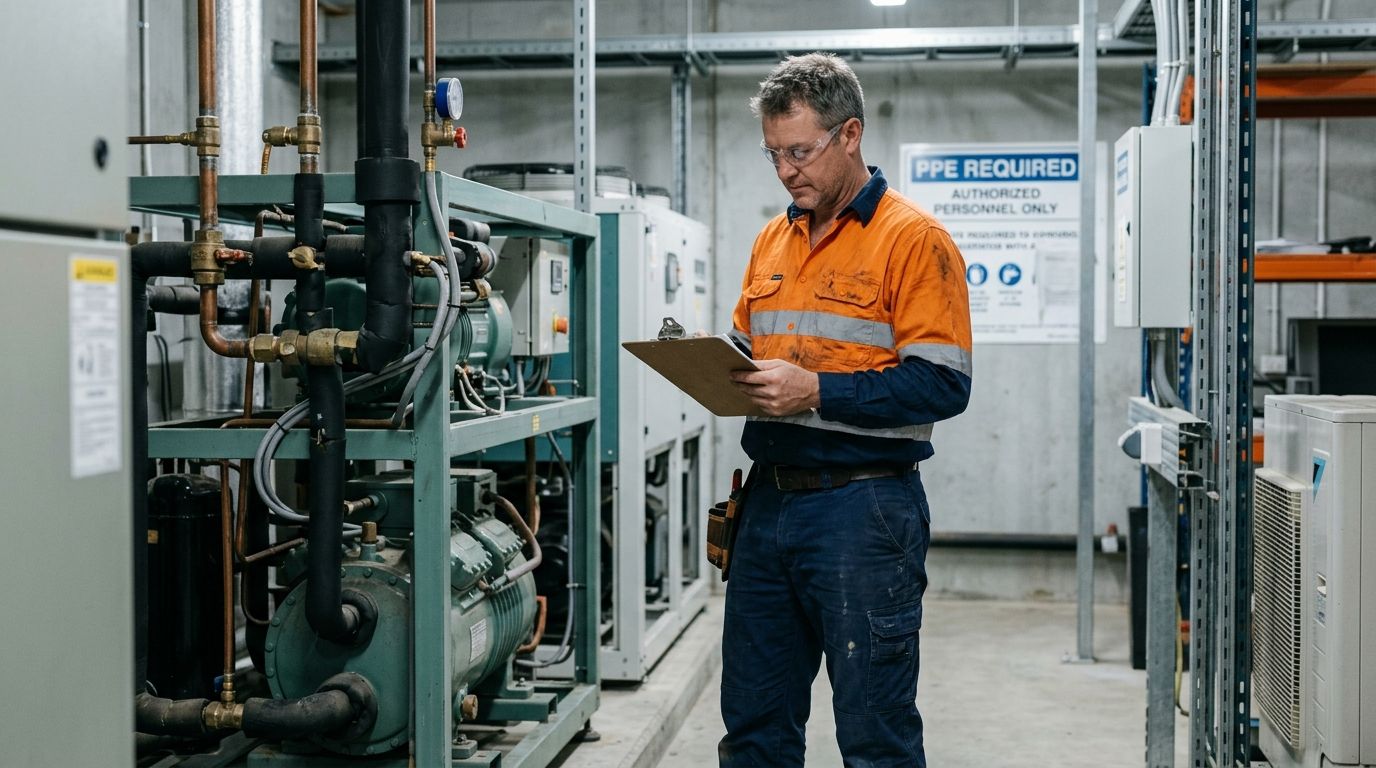 Experienced QLD refrigeration technician reviewing licensing paperwork beside a commercial refrigeration unit