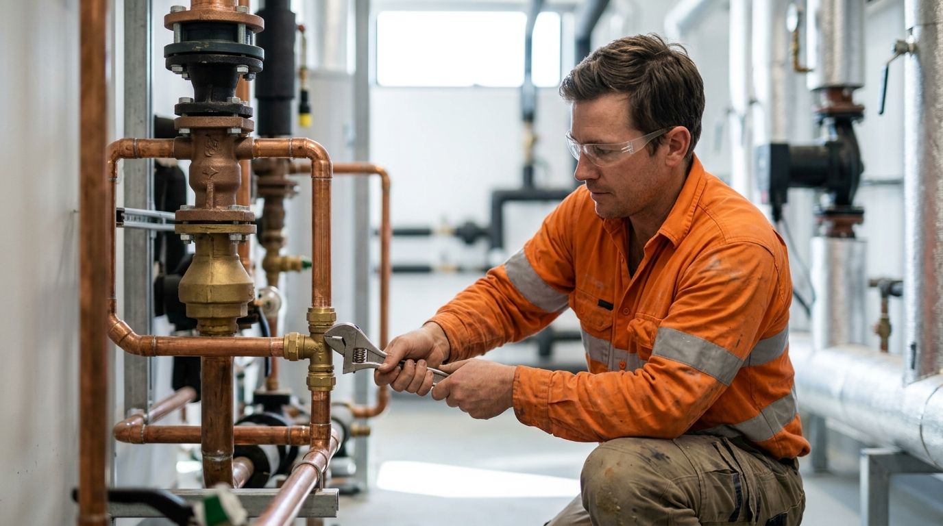 An experienced ACT plumber wearing high-vis gear working on a commercial copper pipe installation.