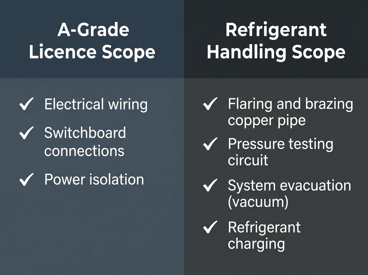 A-Grade electrical licence scope versus refrigerant handling scope comparison checklist graphic