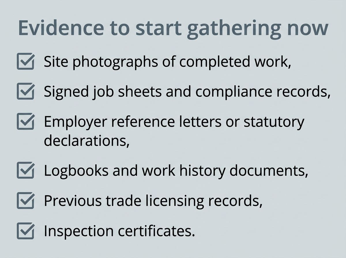 Practical evidence checklist for RPL assessment including site photos, job sheets, and reference letters.