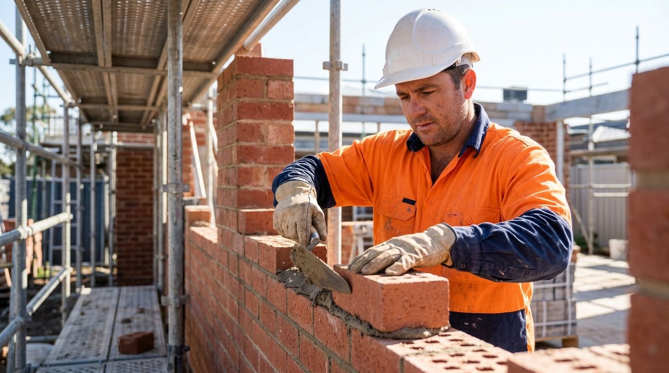 Experienced bricklayer laying bricks on an active Australian residential construction site, demonstrating practical skill.
