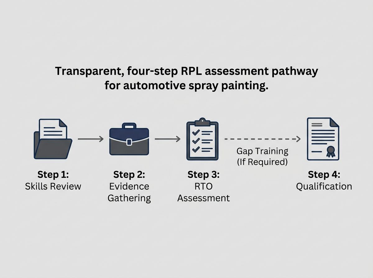 Four-step RPL pathway diagram for automotive refinishing showing skills review, evidence, assessment, and qualification.