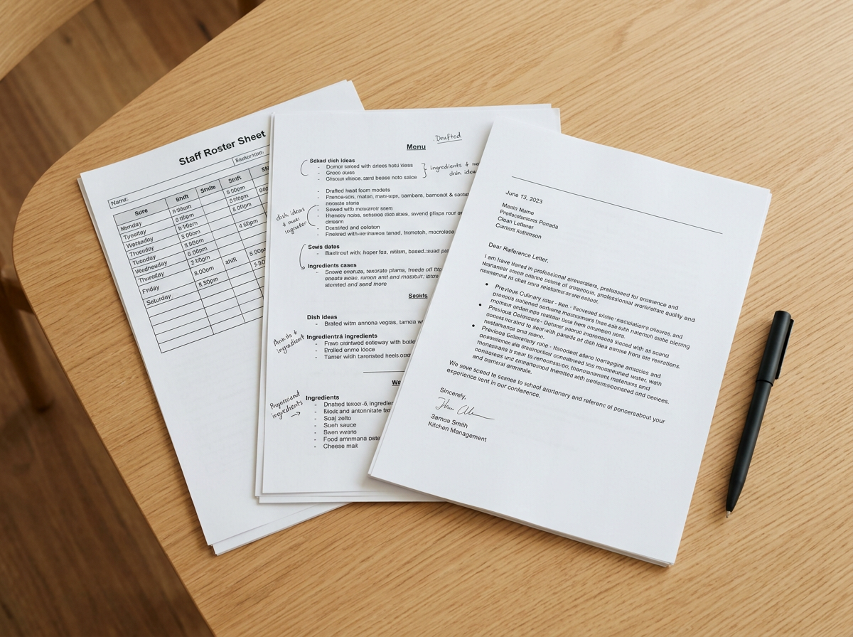 Workplace documents used as evidence in an RPL assessment for kitchen management — rosters, menus, references