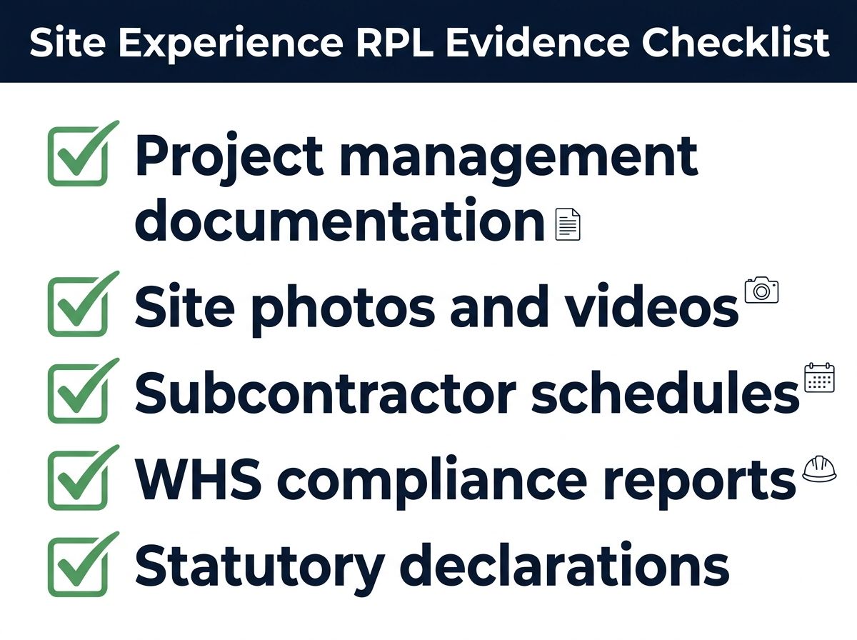 Checklist graphic showing acceptable site-based evidence for CPC40120 assessment.