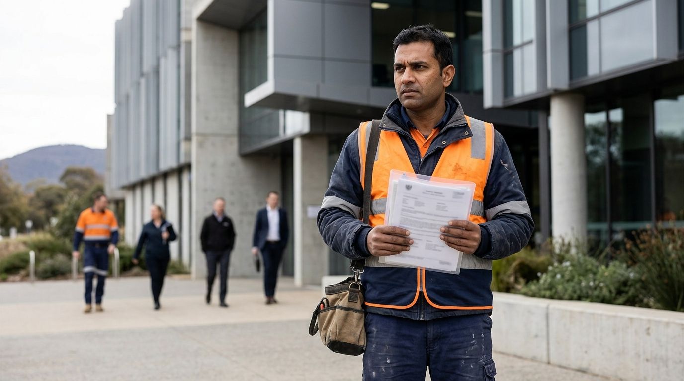 Overseas-trained plumber holding qualification documents outside an ACT government building in Canberra