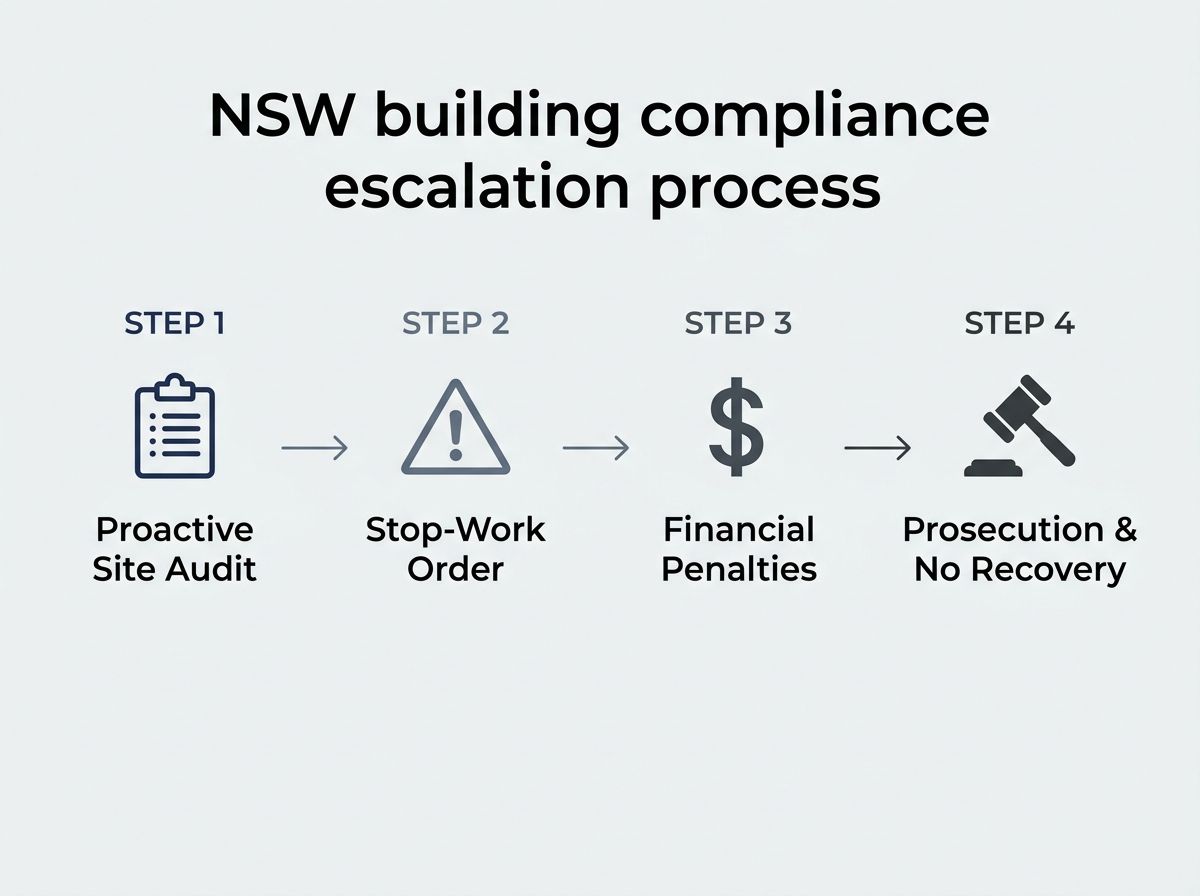 NSW building compliance consequence diagram showing the process from site audit to prosecution.