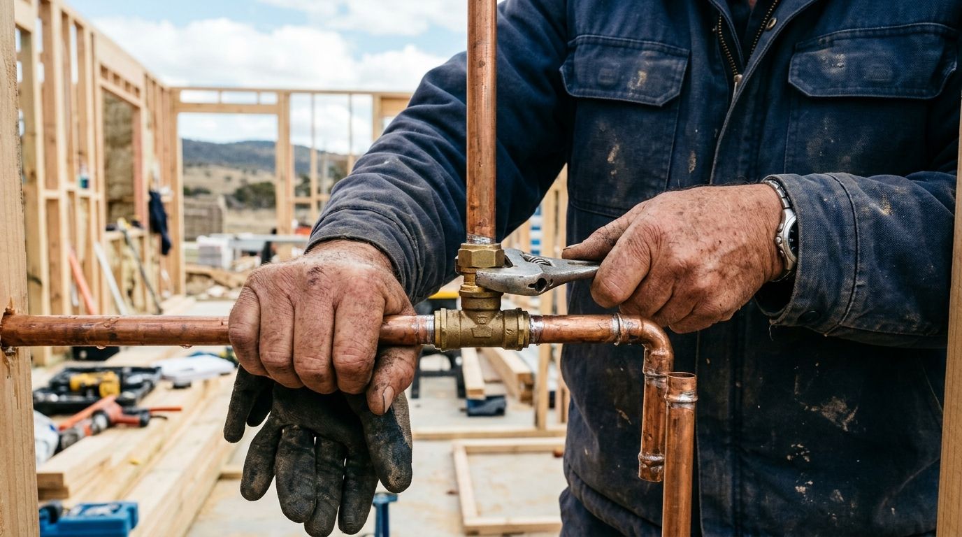 Close-up of a plumber's hands working on a copper pipe fitting on an Australian building site