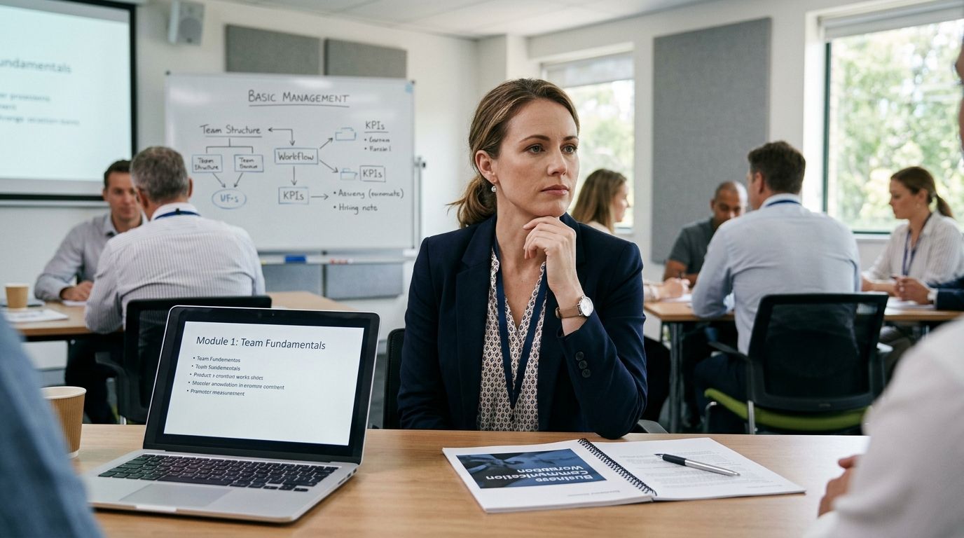 Experienced professional sitting in a business training room looking thoughtful while reviewing basic course materials.