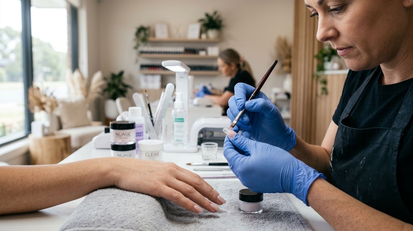 Experienced nail technician applying acrylic nails in a professional Australian salon.