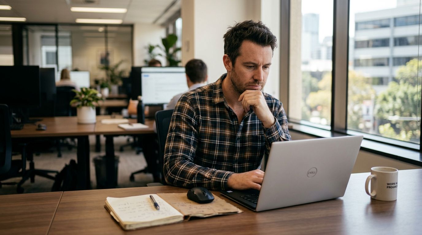 IT professional reading a disappointing email on his laptop at a desk
