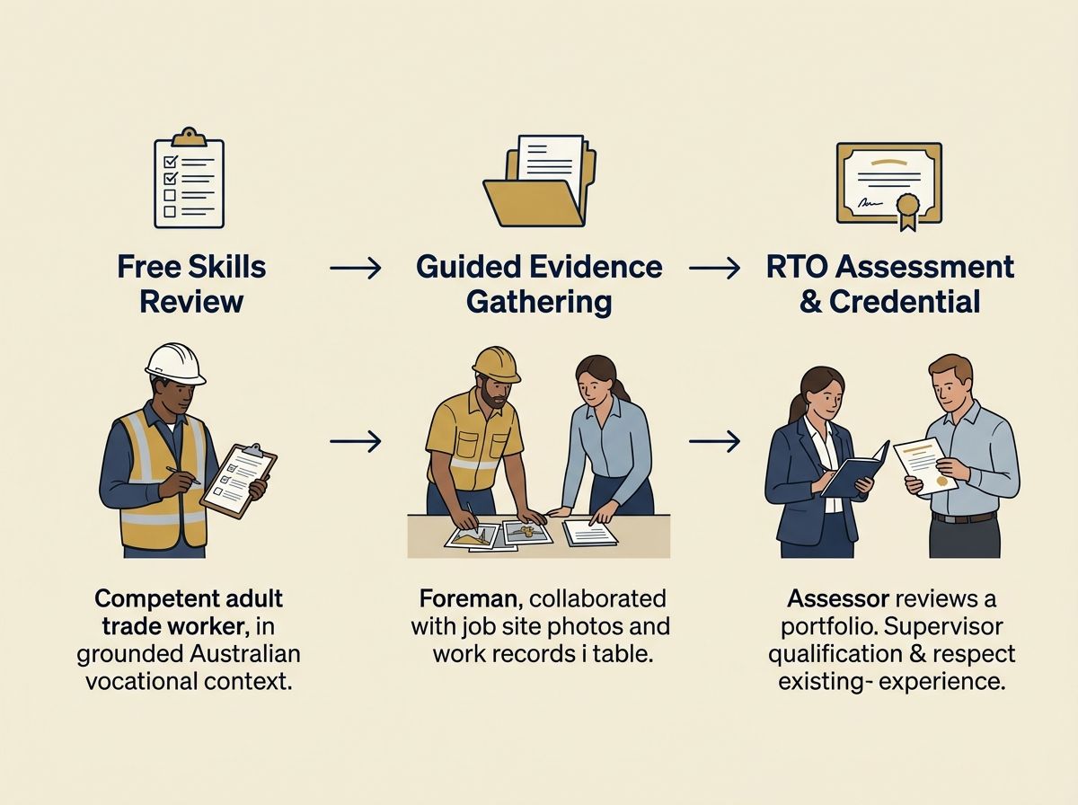 Three-step RPL process showing skills review, guided evidence gathering, and formal RTO assessment