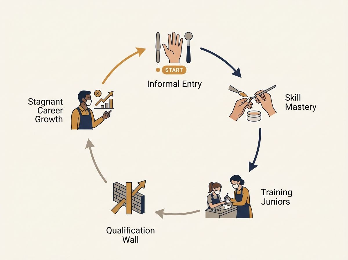Flowchart showing the 5-stage career pattern experienced nail technicians face without formal qualifications.