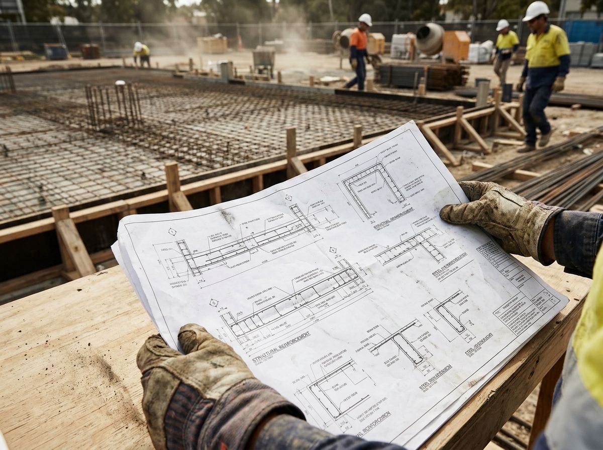 Concreter reviewing structural reinforcement engineering plans on an active commercial building site
