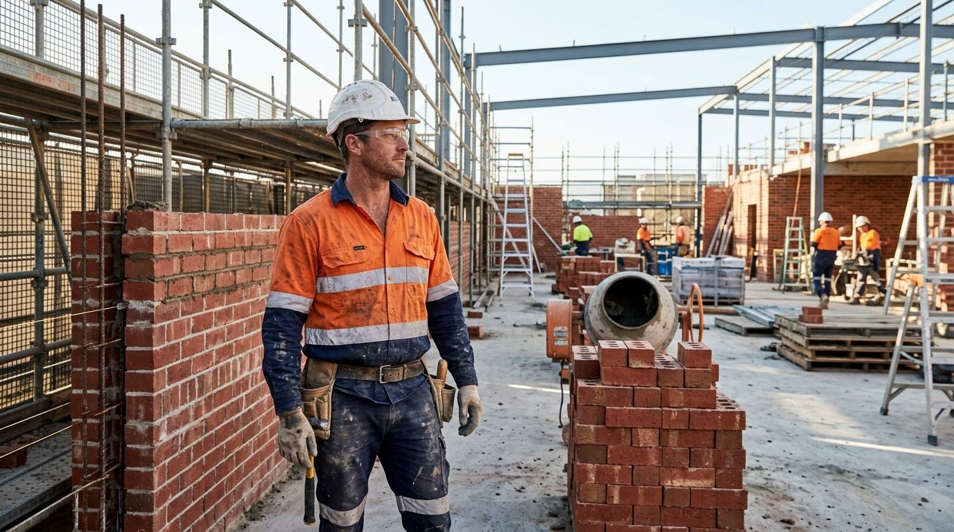 Experienced Australian bricklayer looking across a construction site, contemplating career pathway options.