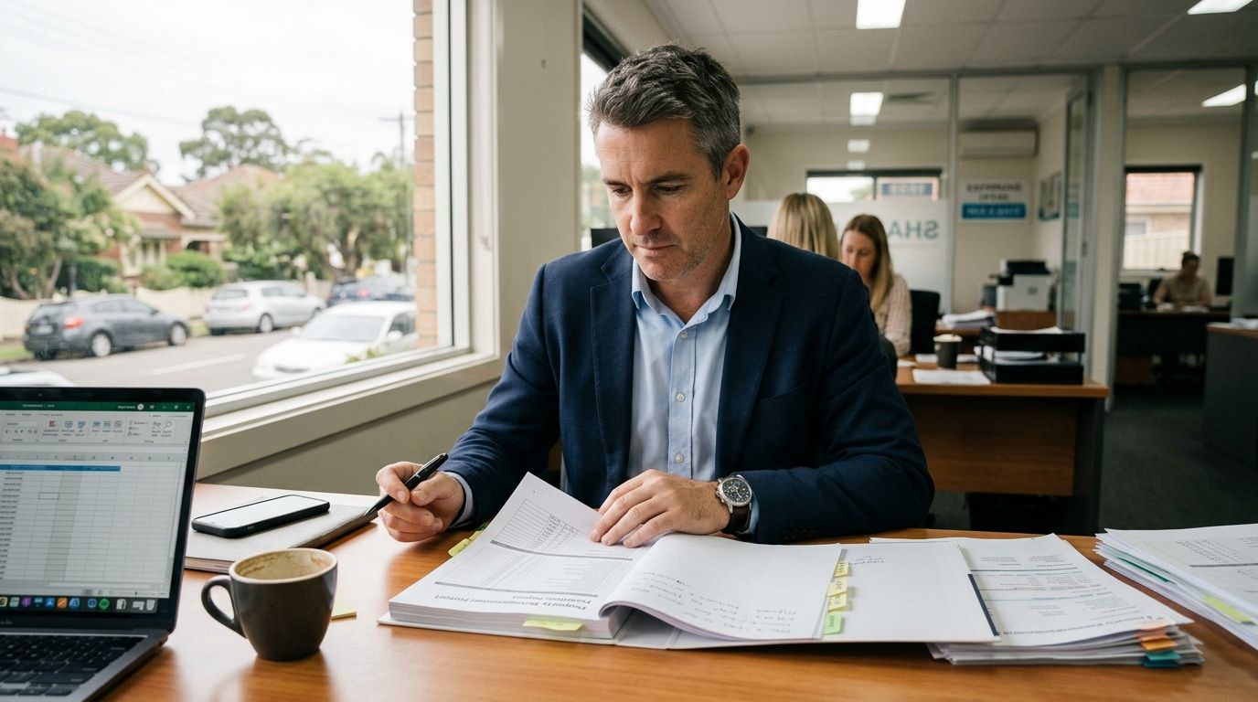 Australian real estate professional at office desk reviewing property reports, avoiding the classroom myth