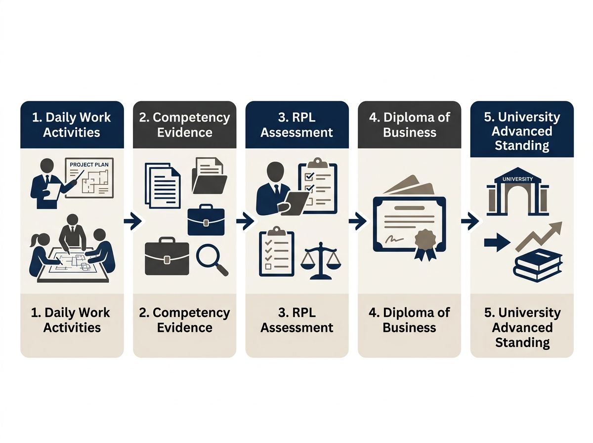 Infographic showing how daily work activities translate to university advanced standing through RPL.